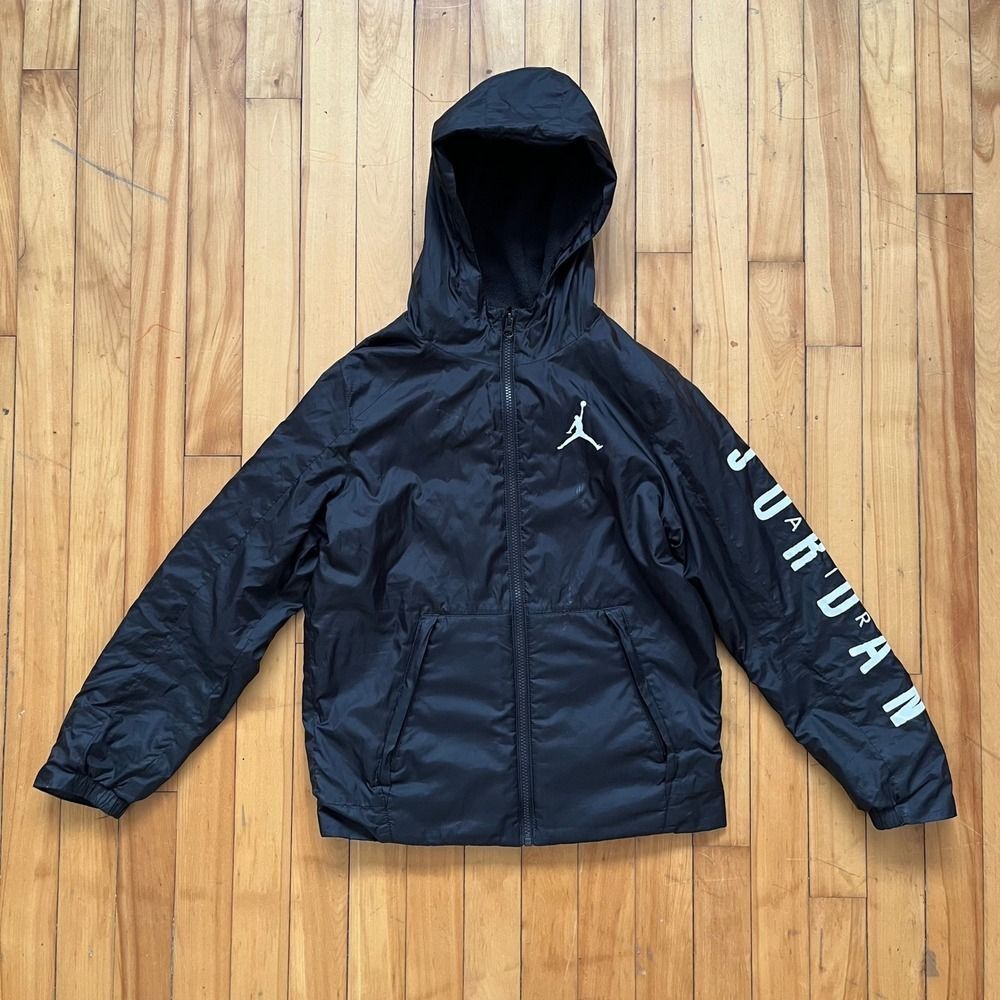 Jordan Boys Large Black Fleece Lined Hooded Windbreaker Jacket Size L 12-13Y